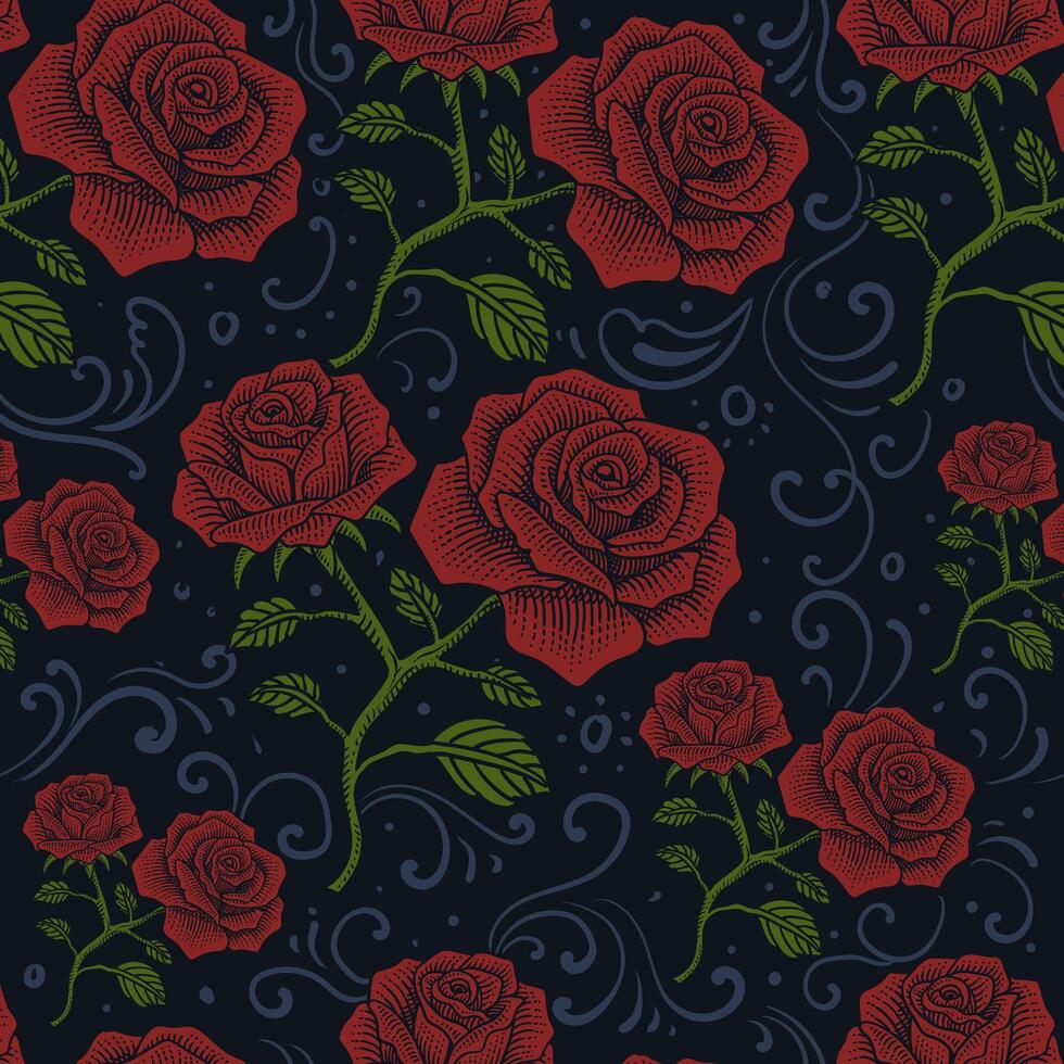 Vintage Seamless Rose Pattern with black Background vector