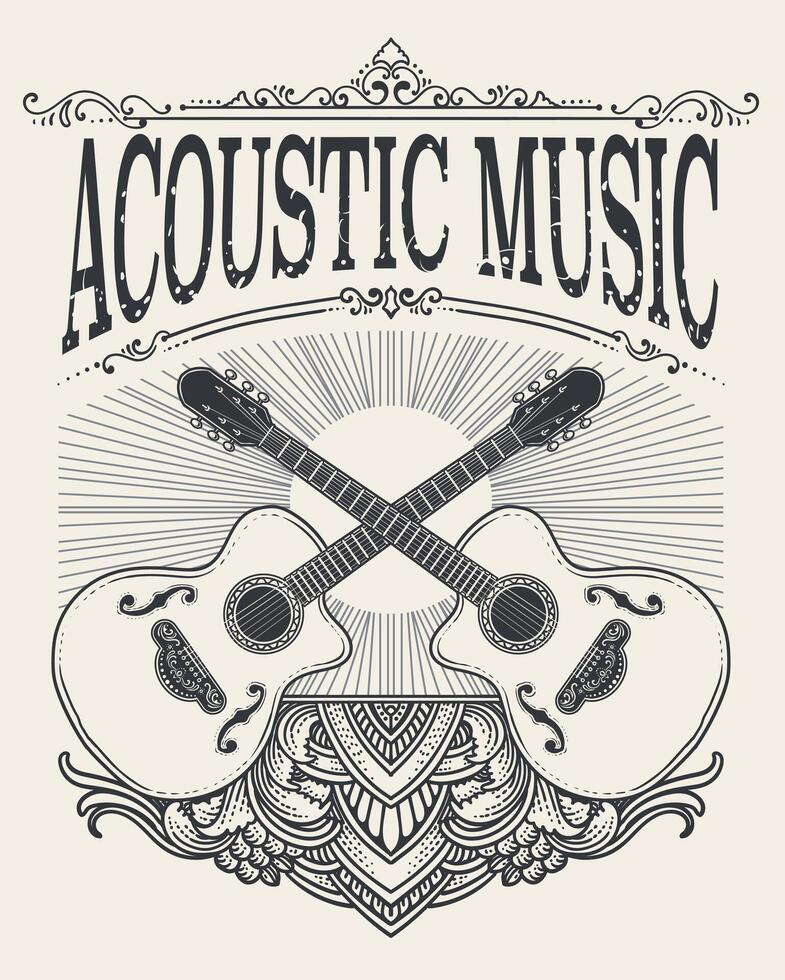 Acoustic Guitar with Wings with engraving Ornament Design, Perfect for music themed designs. vector