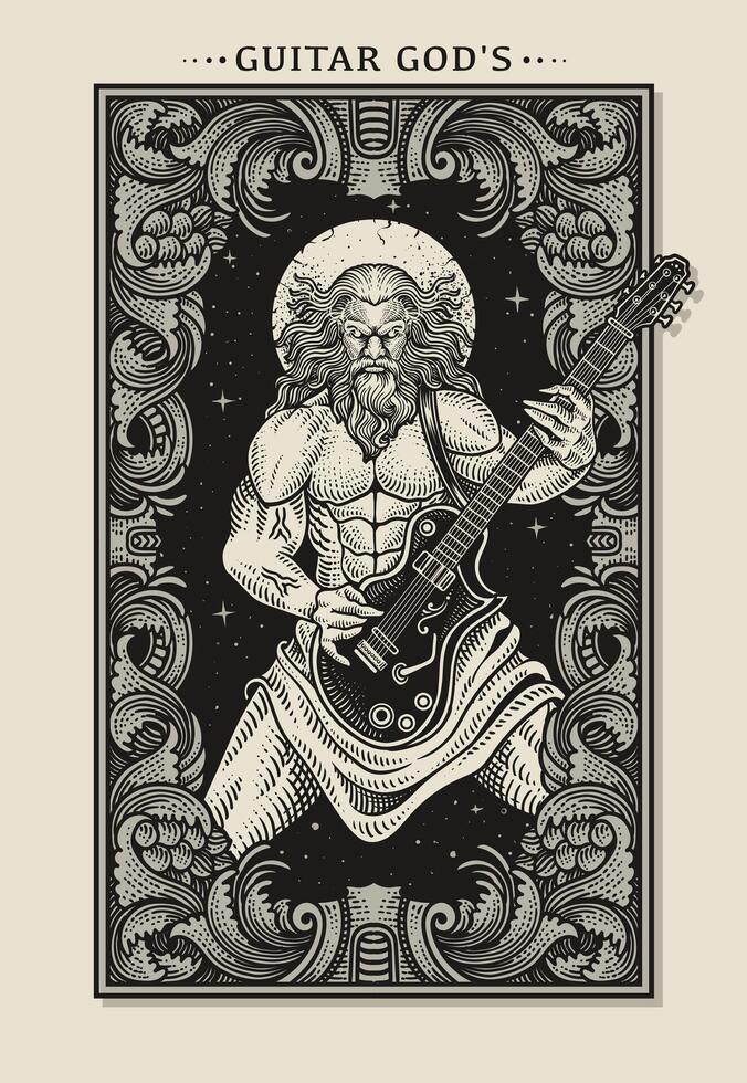 Rock God Playing Electric Guitar in Illustration Art. Perfect for music, fantasy, and mythology themed designs. vector