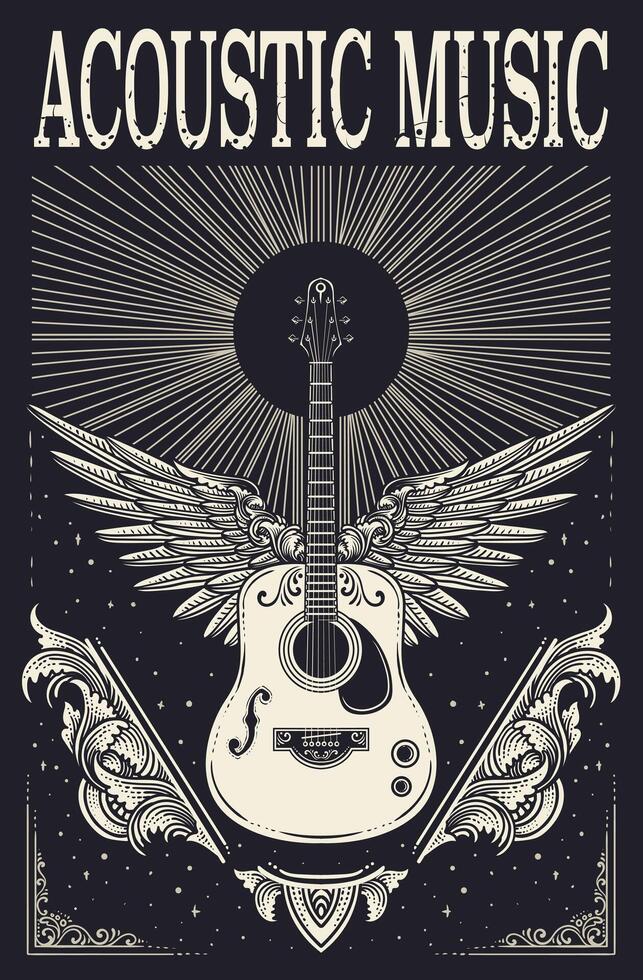 Acoustic Guitar with Wings with engraving Ornament Design, Perfect for music themed designs vector