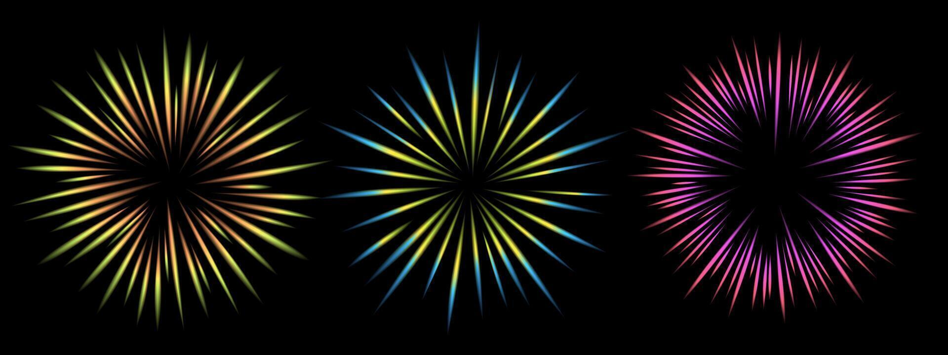 Comic blur rainbow motion lines with radial focus for high energy effects. Flash Explosion. comic high speed ray, design for manga and anime graphics on a black background vector