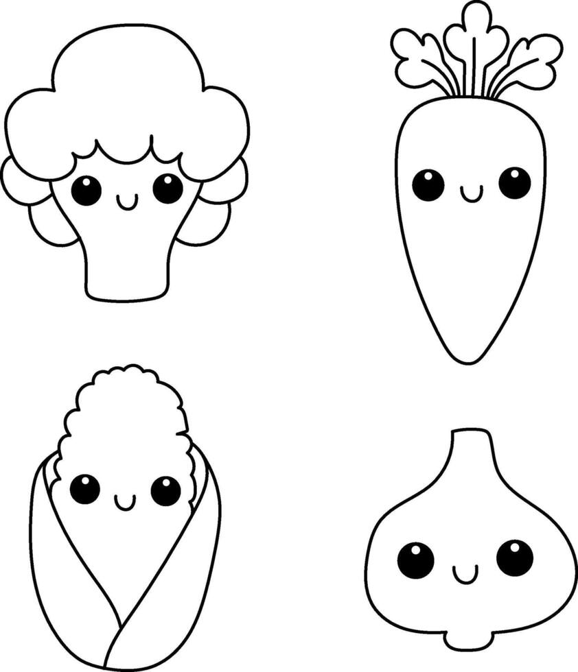 Set of cute vegetables. Broccoli, garlic, carrot and corn vector