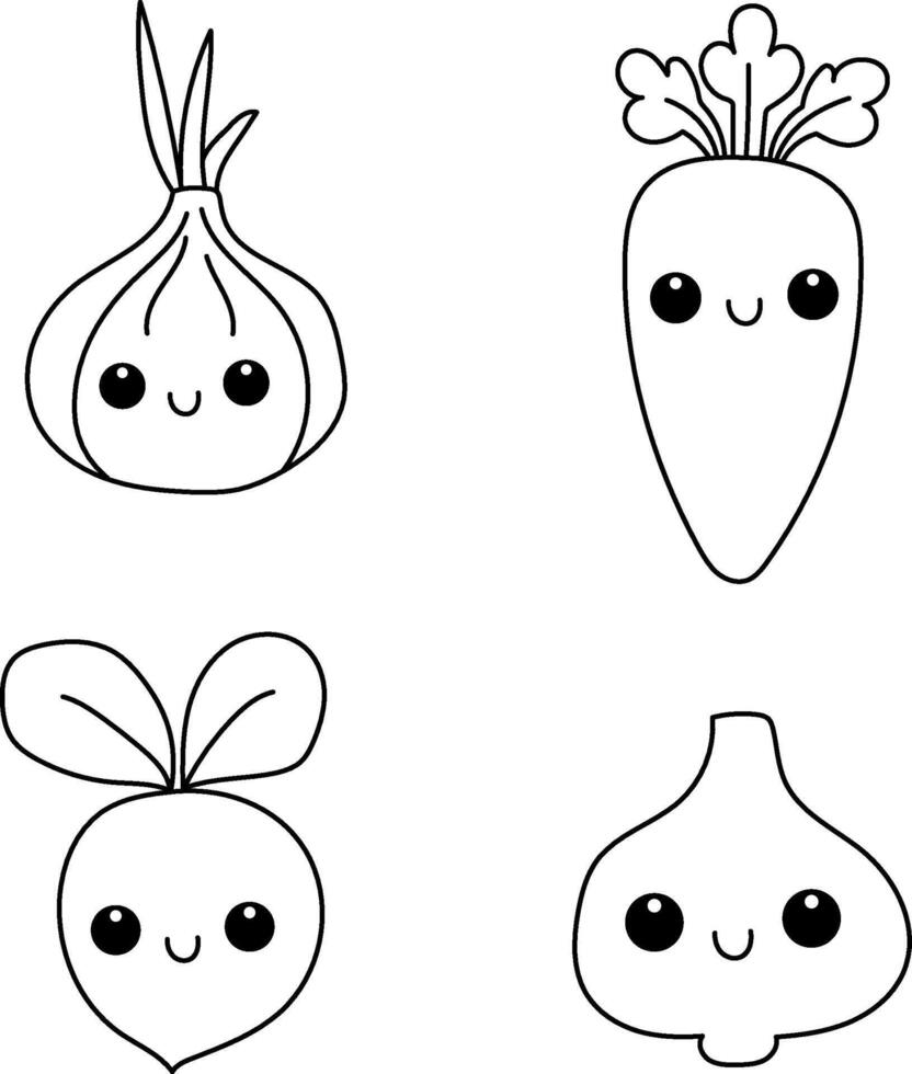 Set of doodle vegetables with cute faces. Onion, carrot, beet and garlic. vector