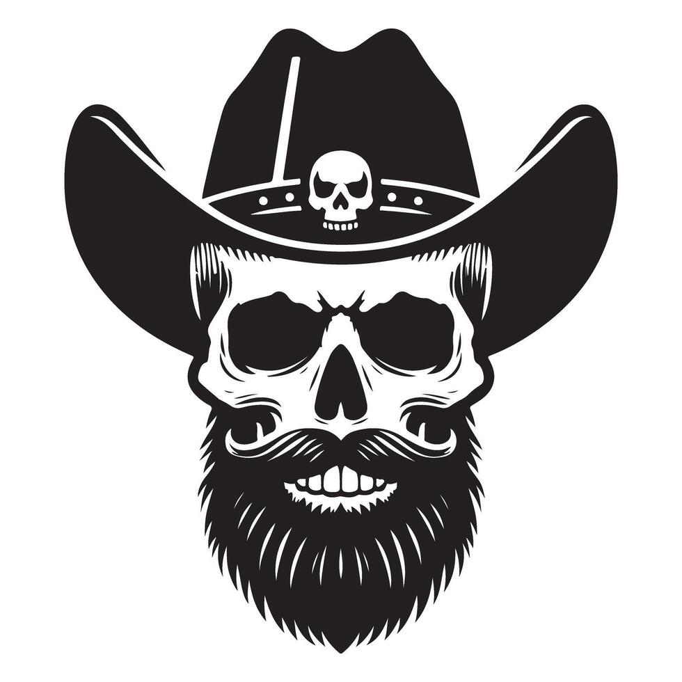 Skull Cowboy Design With Hat And Beard Illustration Art vector