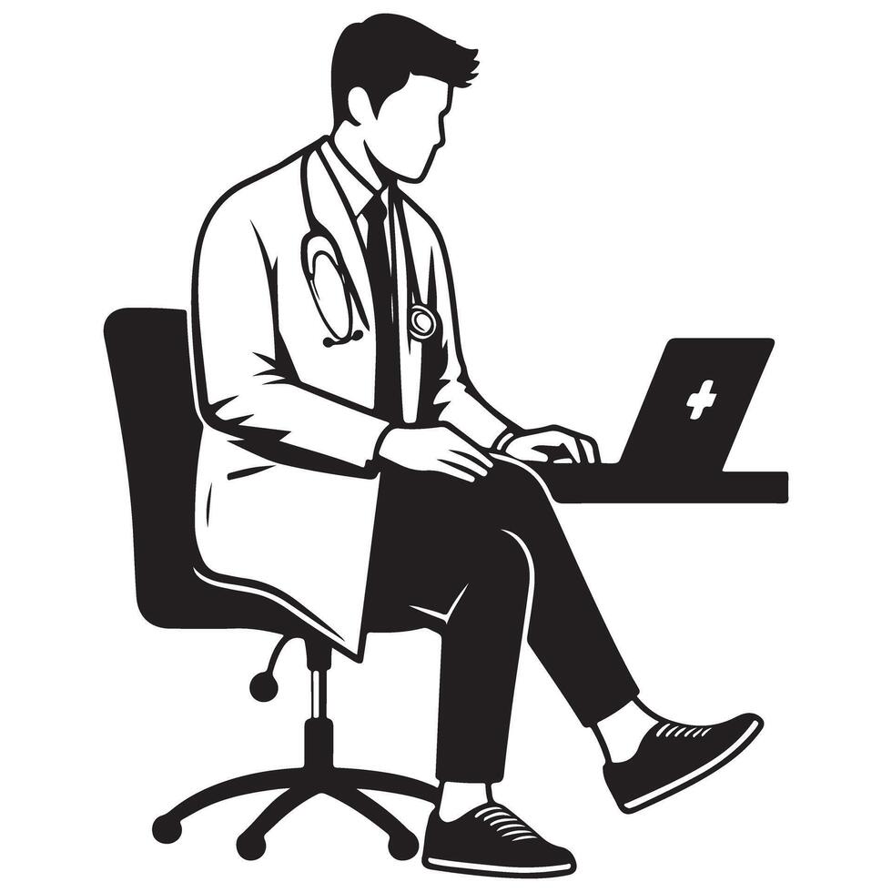 Silhouette Doctor Working on Laptop Illustration Design vector