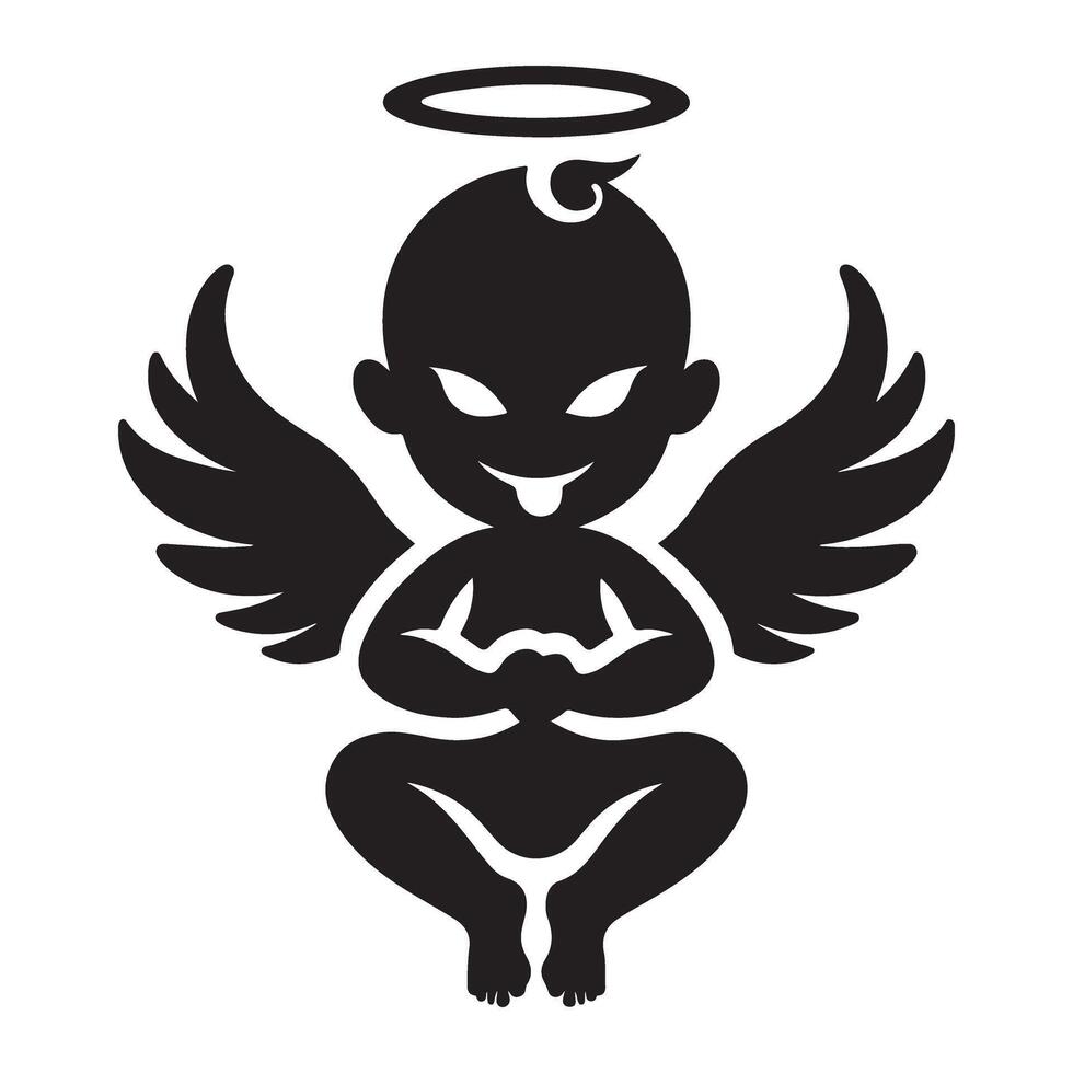 Silhouette of naughty angel baby with a halo and evil intention vector