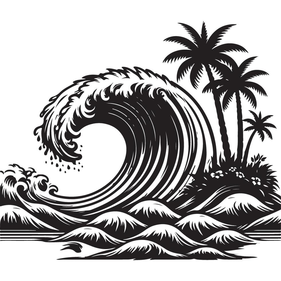 Tropical Paradise Silhouette Illustration Ocean Wave Palm Trees and Island Scenery vector