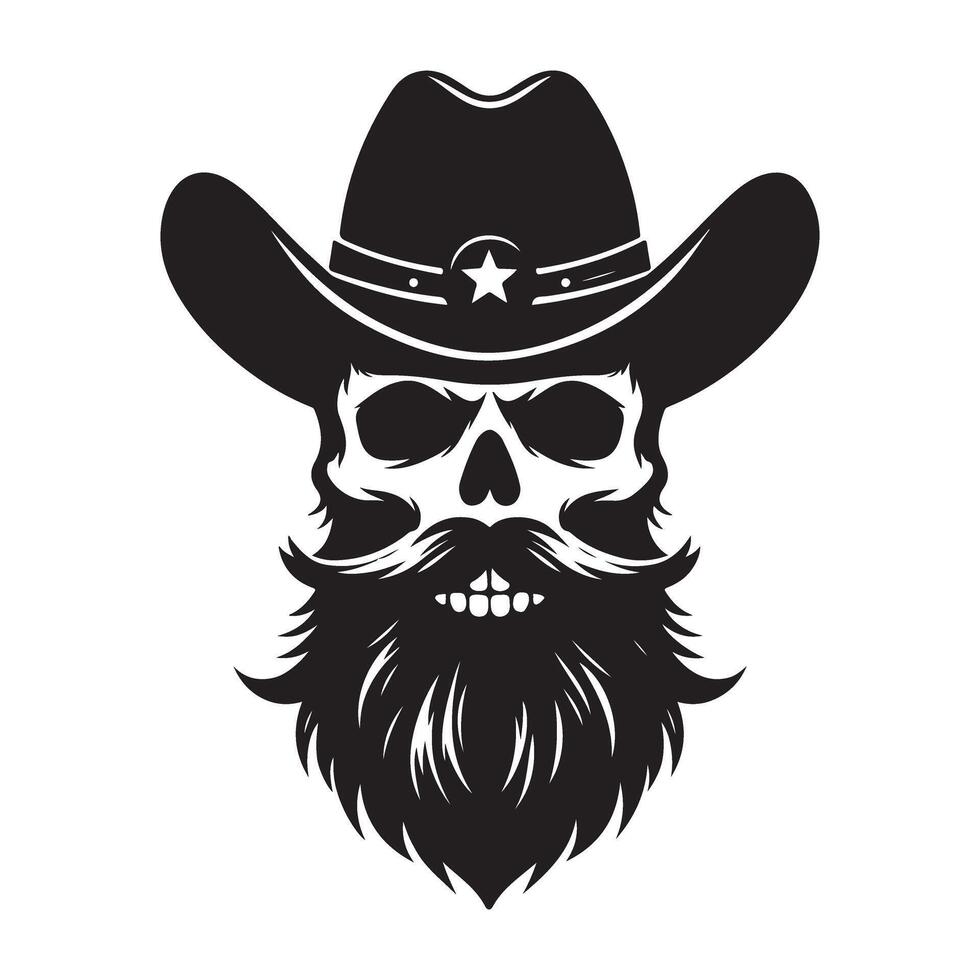 Cowboy Skull Silhouette with Hat and Beard Detailed Design vector