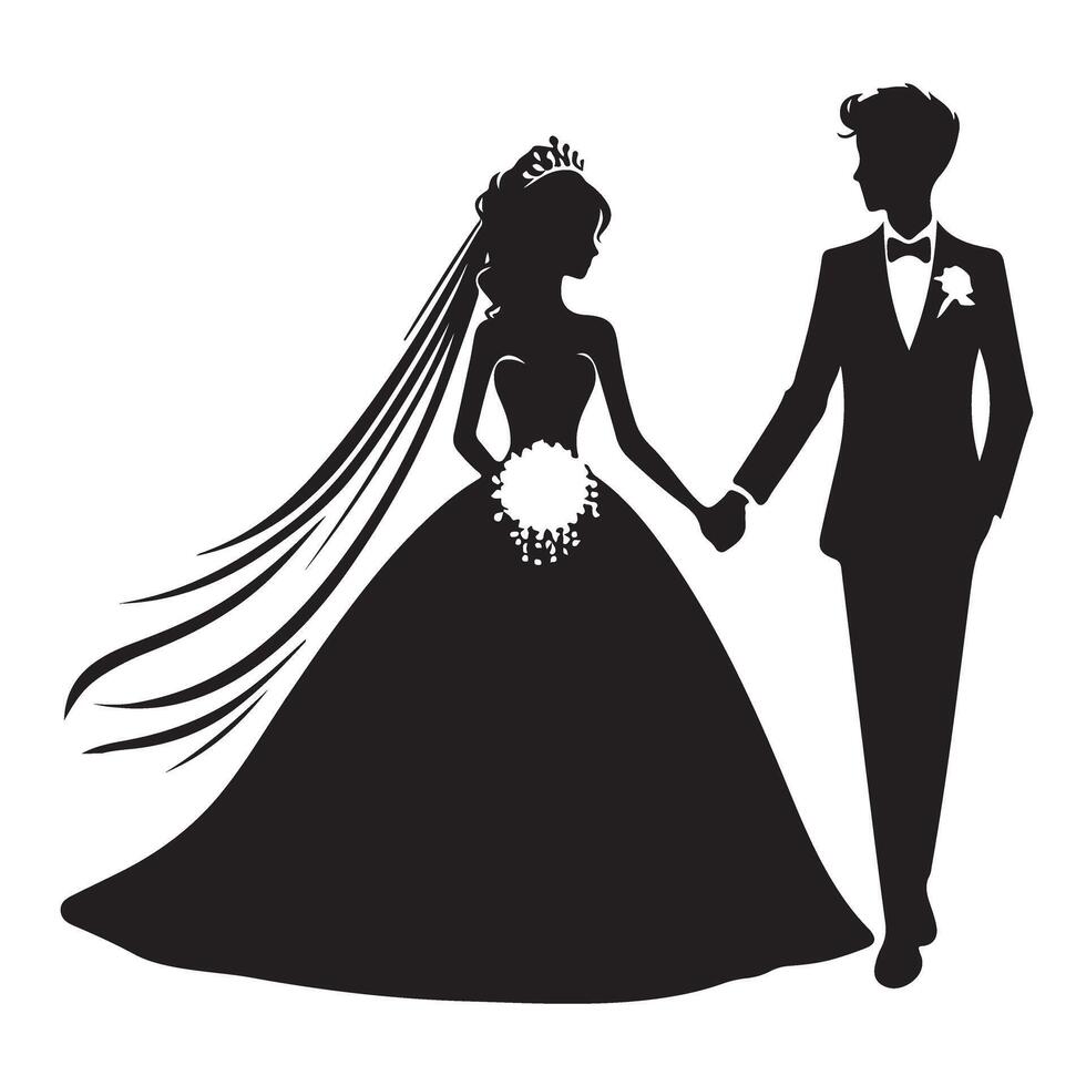 Bride and groom silhouette illustration walking hand in hand vector