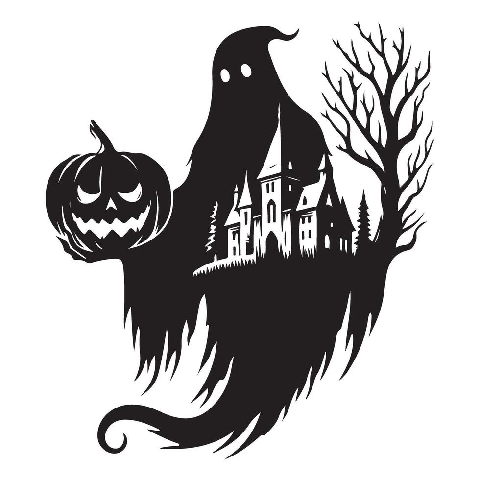 Spooky Ghost Silhouette With Pumpkin And Haunted House Art vector