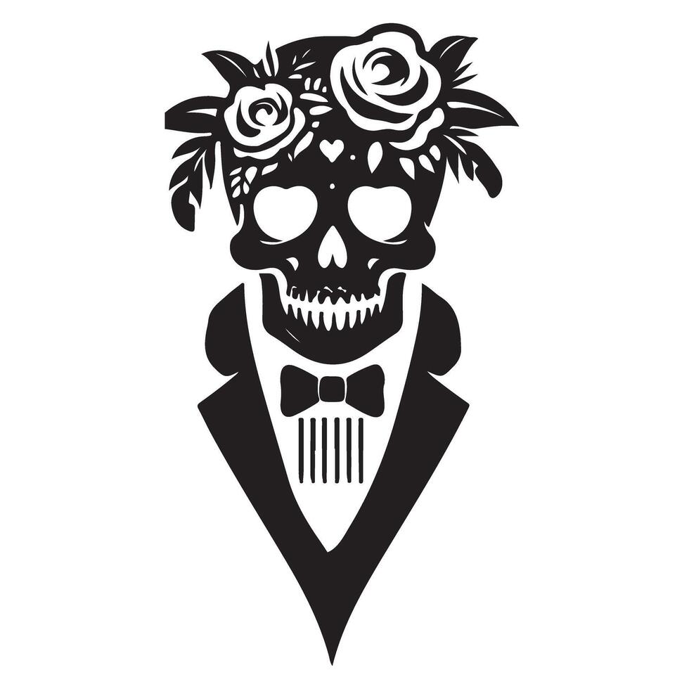 Silhouette Skull in Tuxedo with Flowers Day of Dead vector
