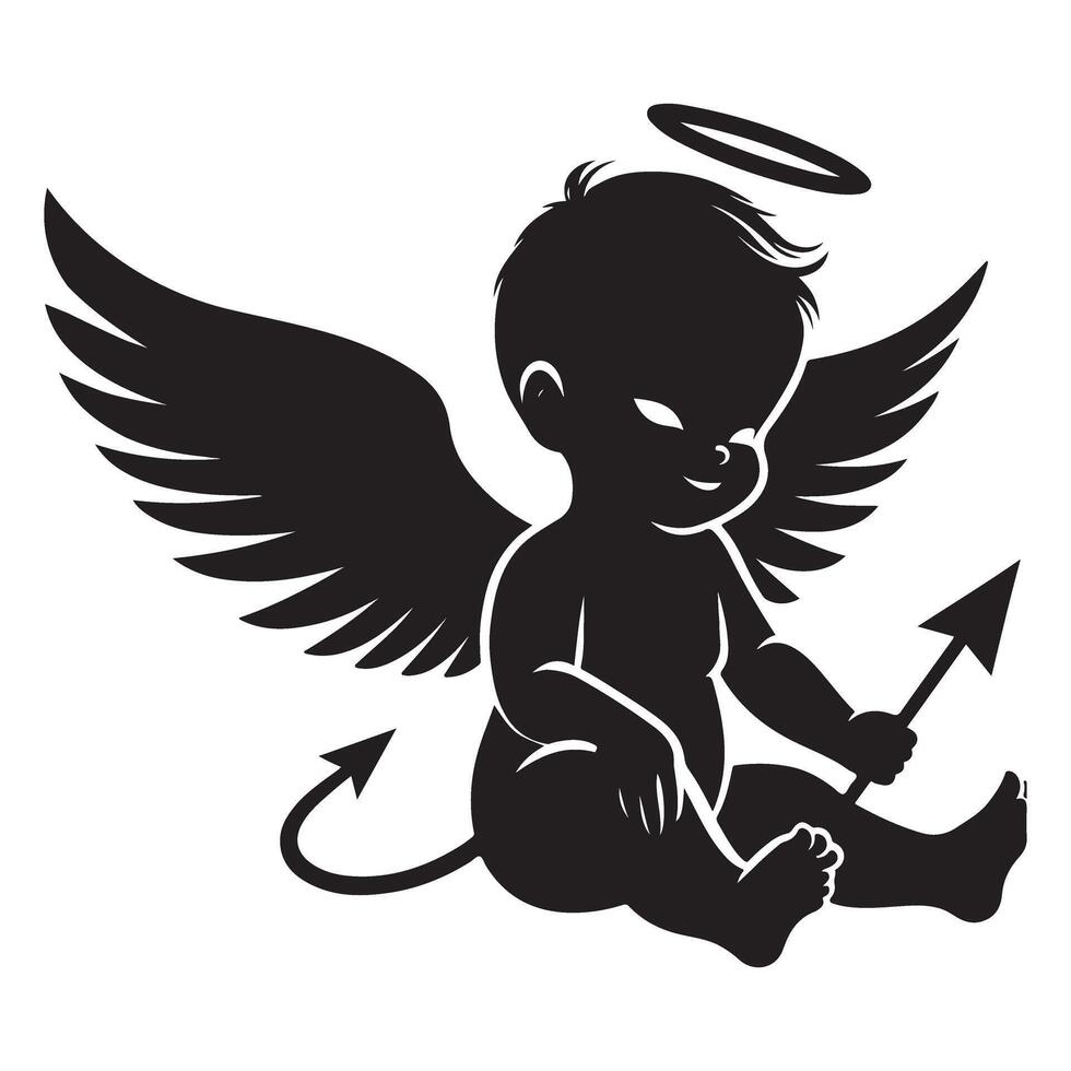 Cute Devil Angel Silhouette Image with Halo and Wings vector