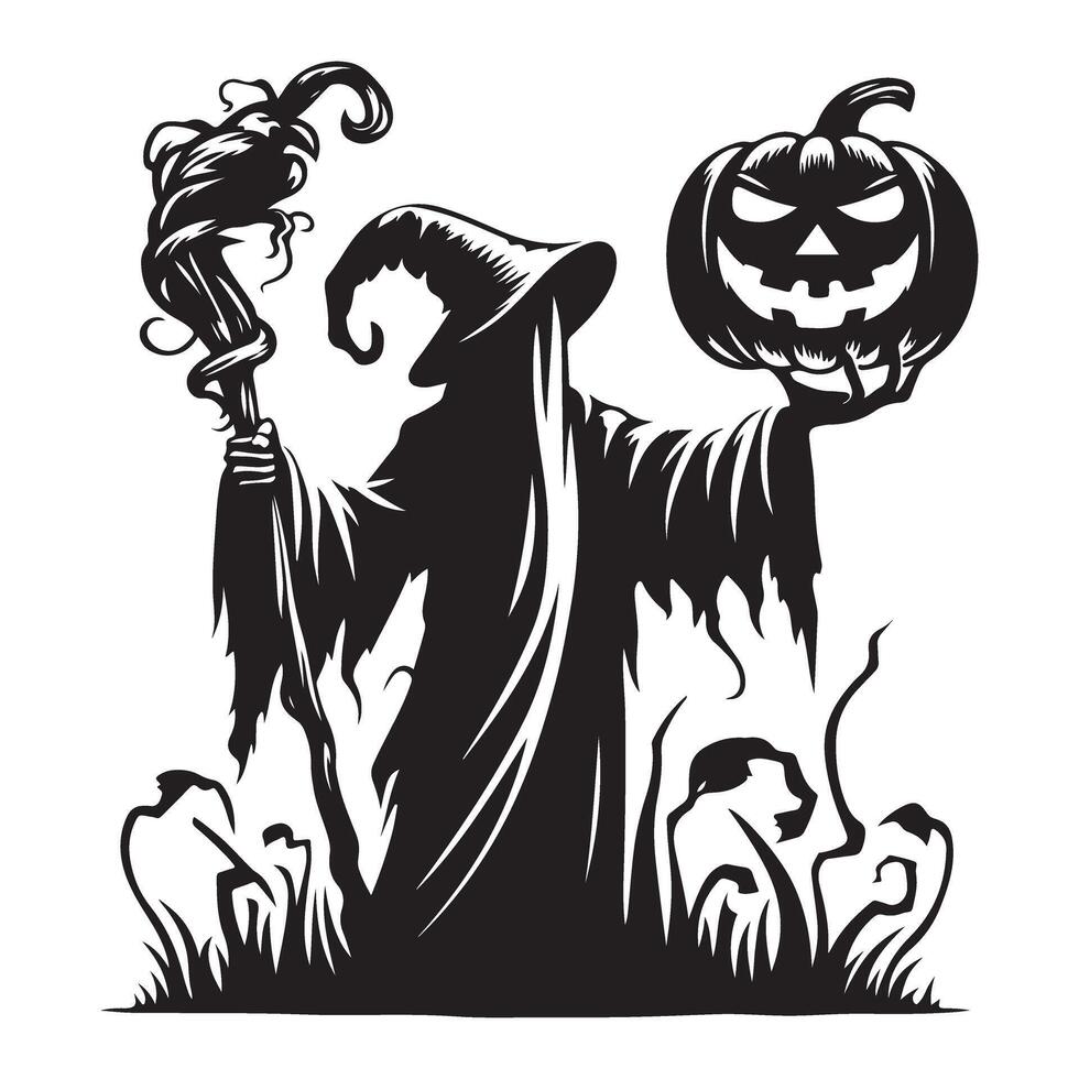 Spooky Halloween Wizard Silhouette with Pumpkin for Creepy Season vector