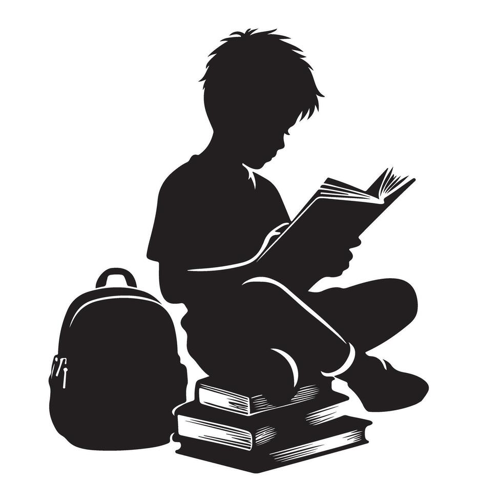 Boy Silhouette Reading Book While Sitting on Books Stack Education Learning vector