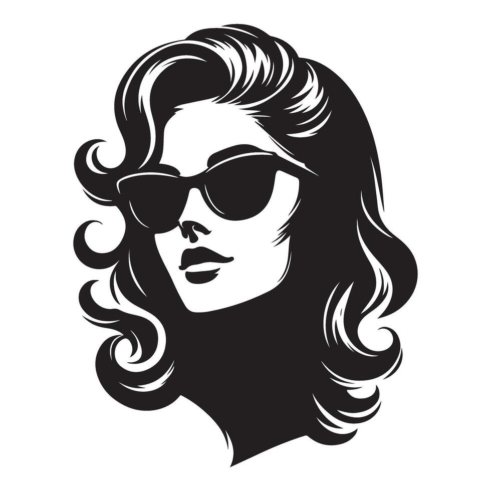 Elegant Woman Silhouette with Sunglasses Retro Hairstyle Art vector