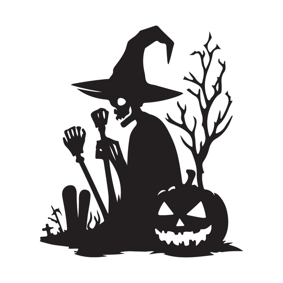 Halloween Witch Skeleton Silhouette Art Illustration with Pumpkin vector