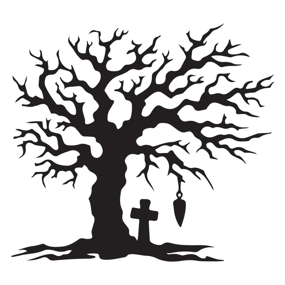 Creepy Spooky Tree Silhouette with Tombstone and Gallows Illustration vector
