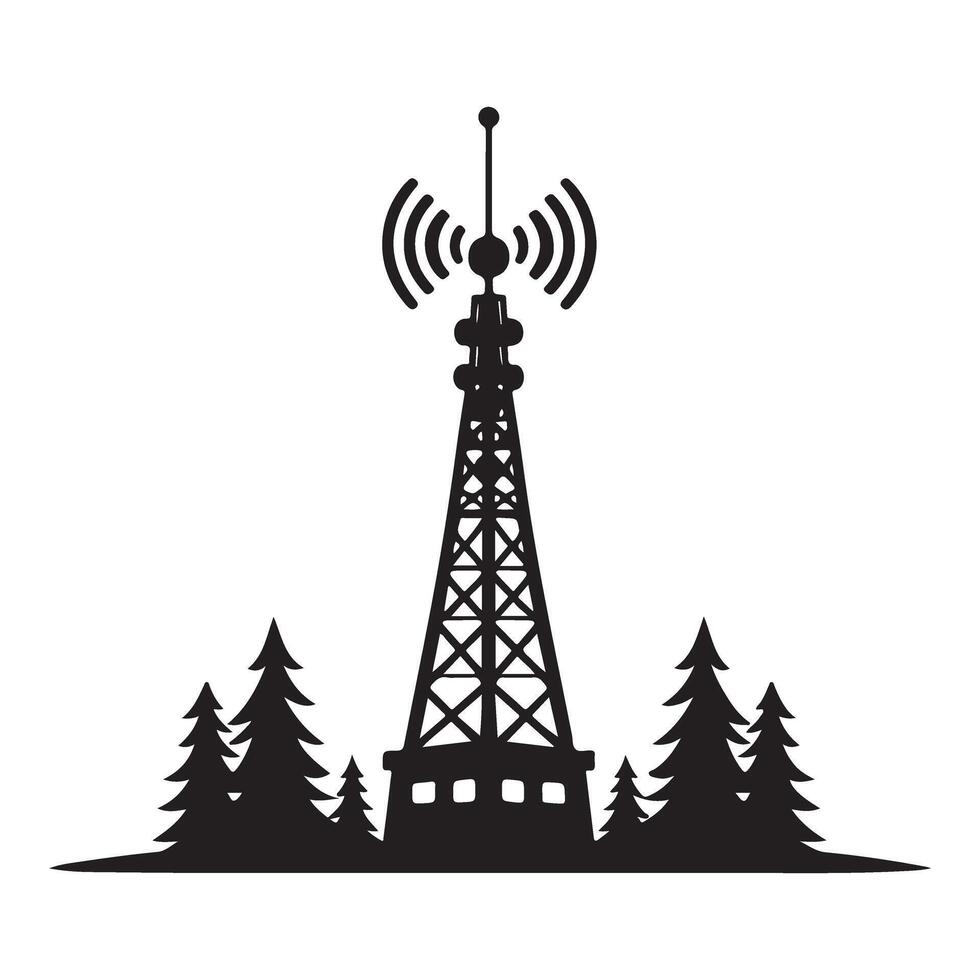 Silhouette of Radio Tower Broadcasting Signals Among Pine Trees vector