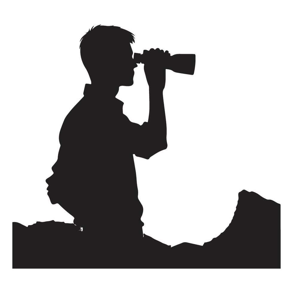 Man Silhouette Illustration Using Binoculars on Mountain Top vector