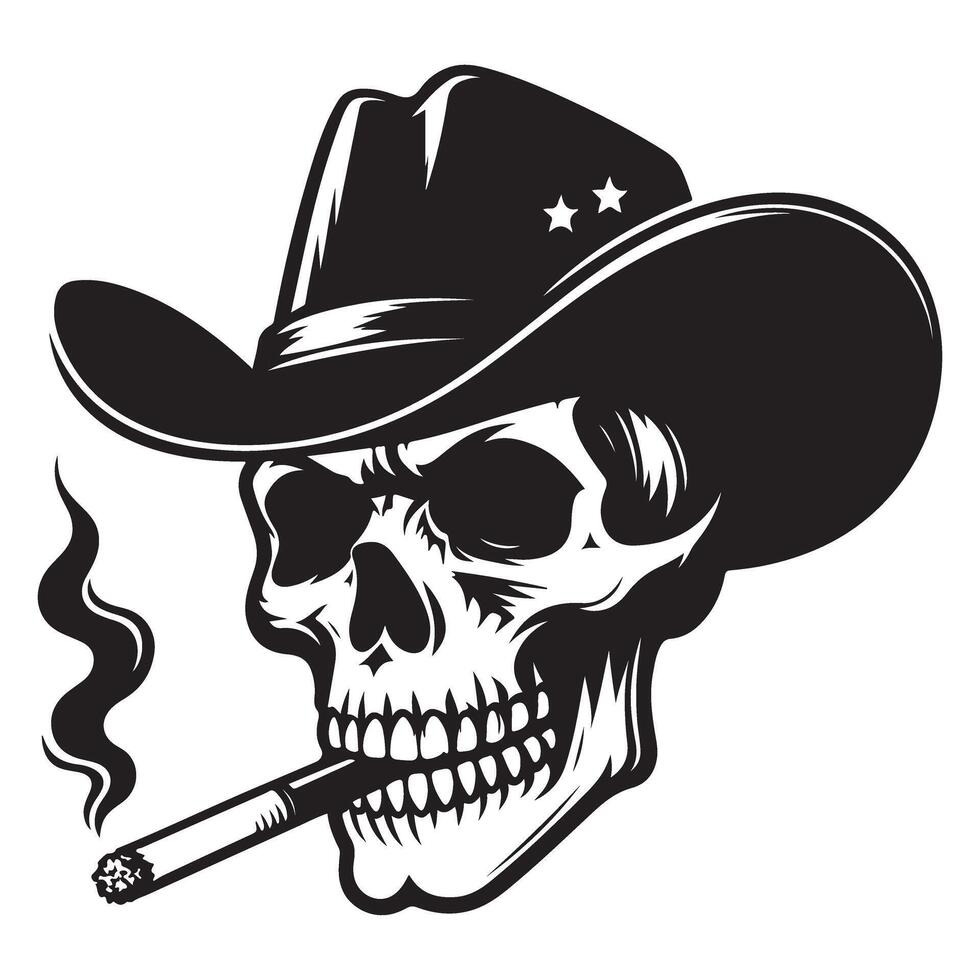 Smoking skeleton cowboy illustration with hat and cigarette vector