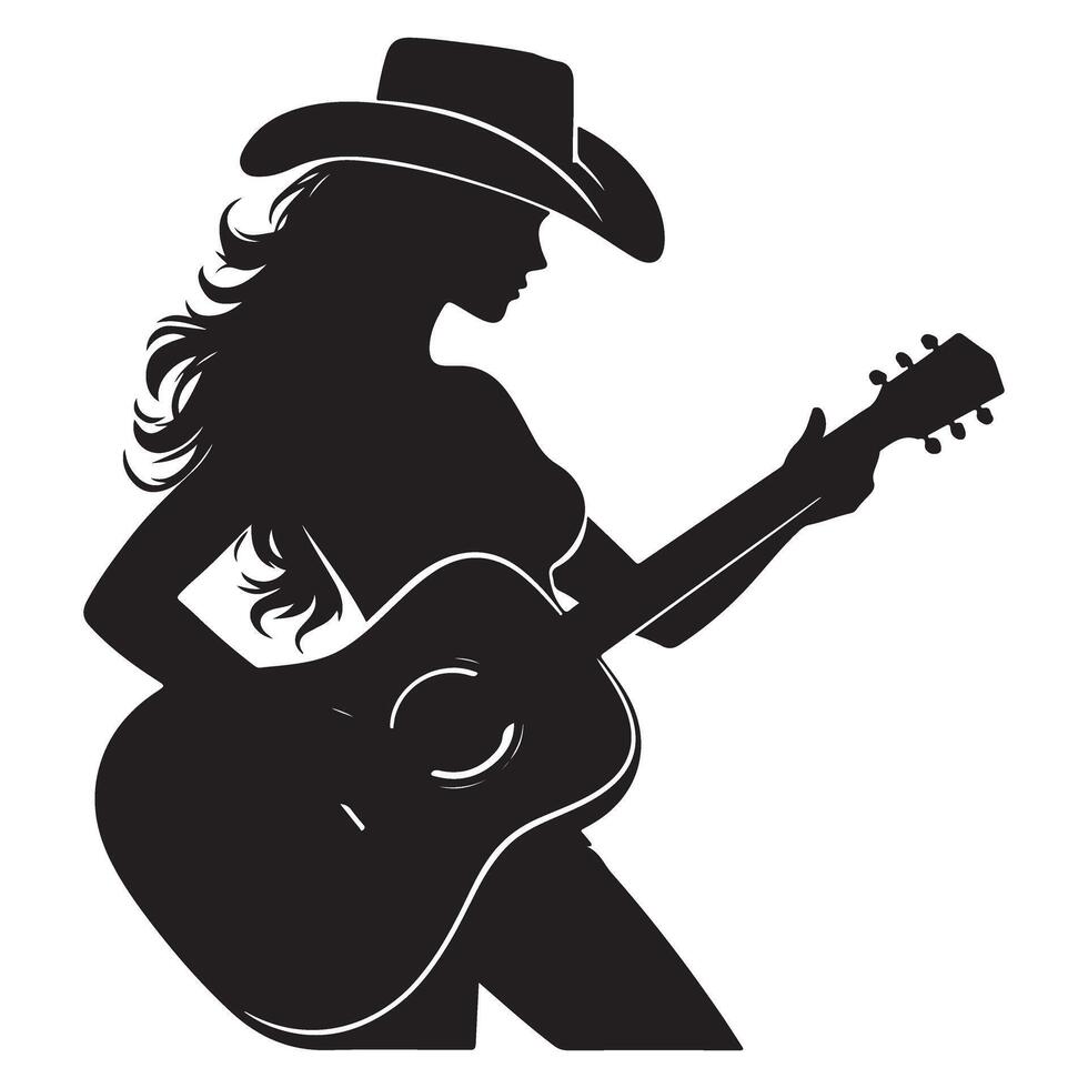 Silhouette Lady Playing Guitar With Hat Country Music Art vector