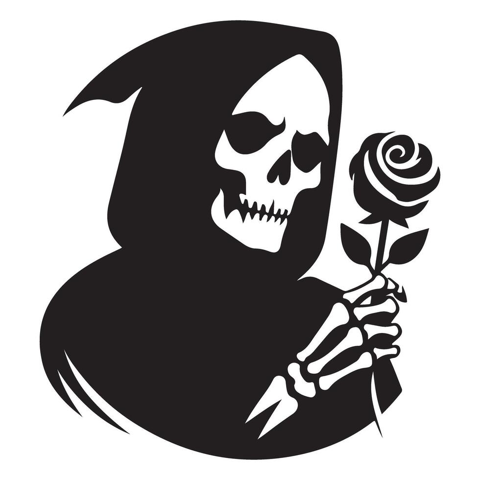 Grim reaper holding a rose in bony hand black illustration vector
