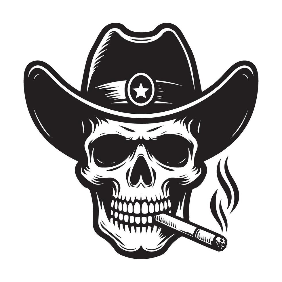 Skull Cowboy Silhouette Wearing Hat Smoking Cigar Graphic Design vector