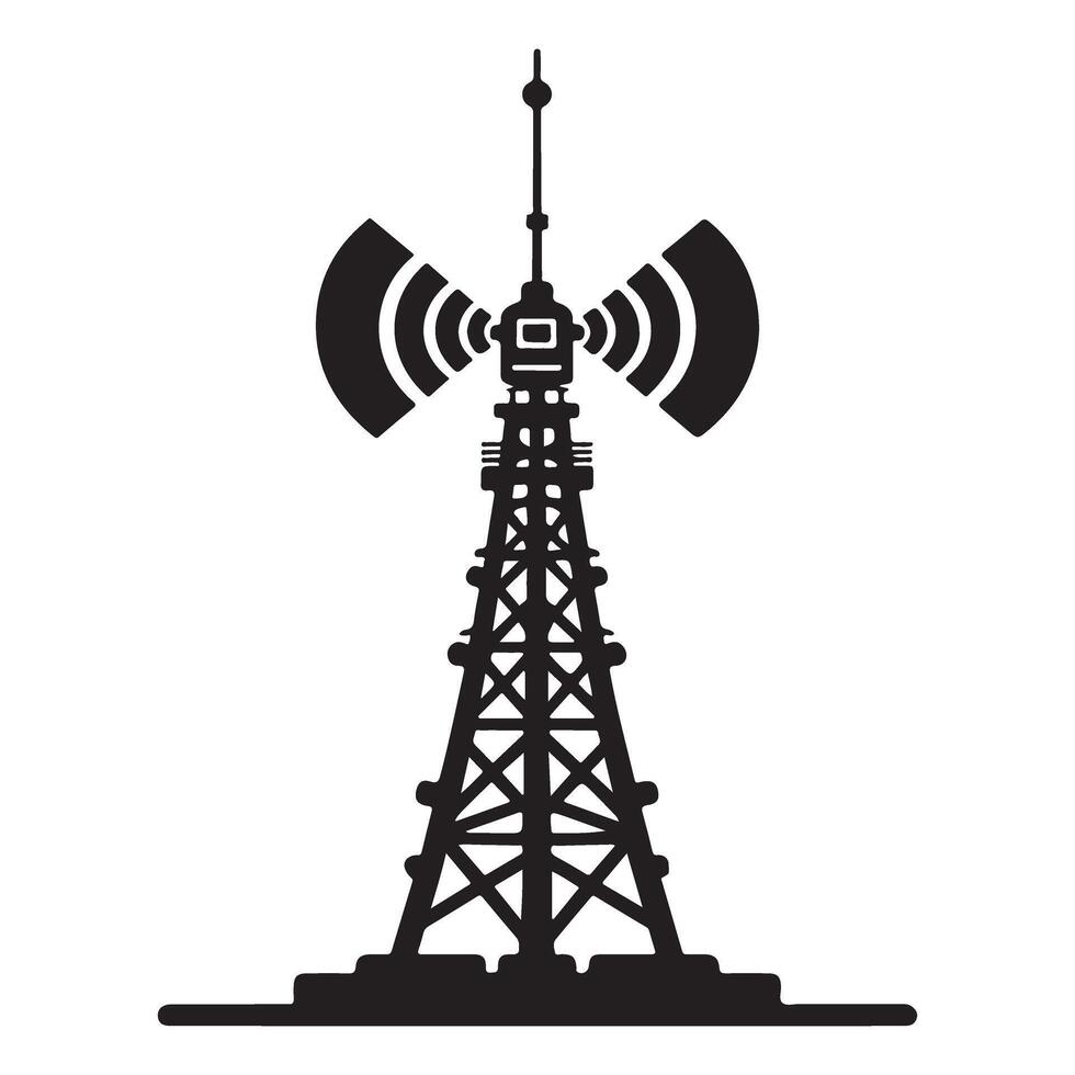 Radio telecommunication tower design illustration in silhouette style vector