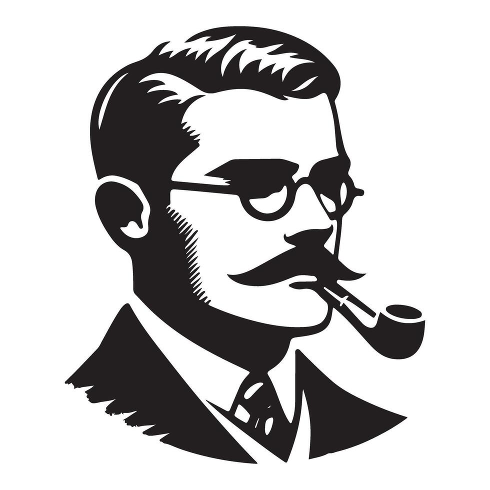 Silhouette Gentleman Portrait Illustration with Pipe and Mustache Design vector