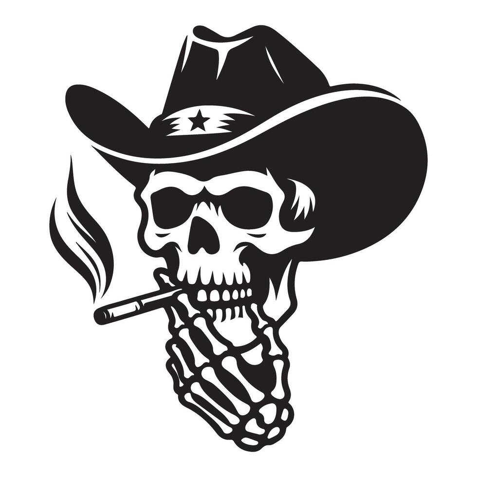 Skeleton cowboy hand hold cigarette illustration with cowboy hat vector