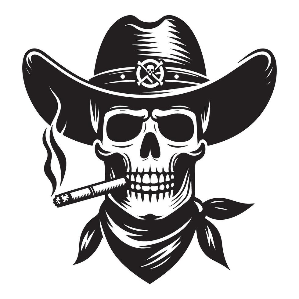 Cowboy skull smoking cigar silhouette for wild west designs vector