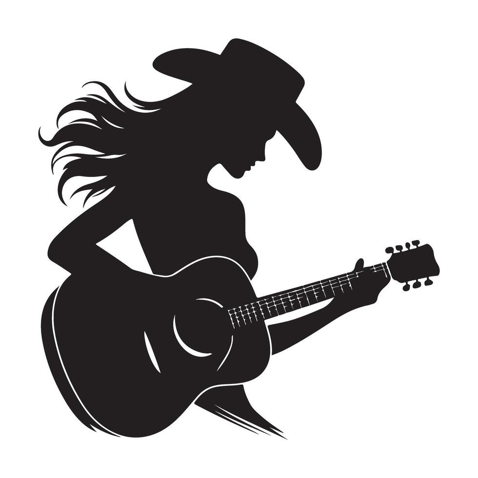 Silhouette Cowgirl Playing Guitar Illustration with Western Vibes vector