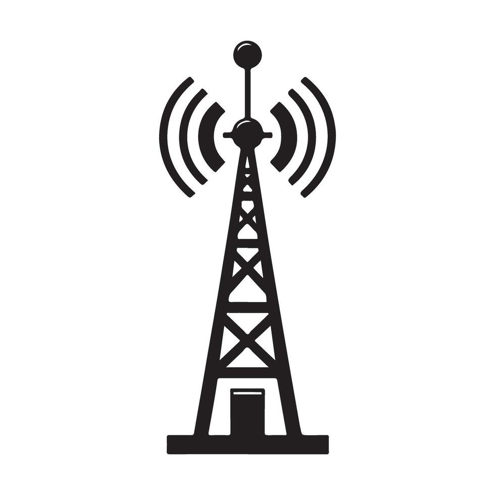 Radio tower silhouette illustration transmitting communication signal broadcast vector