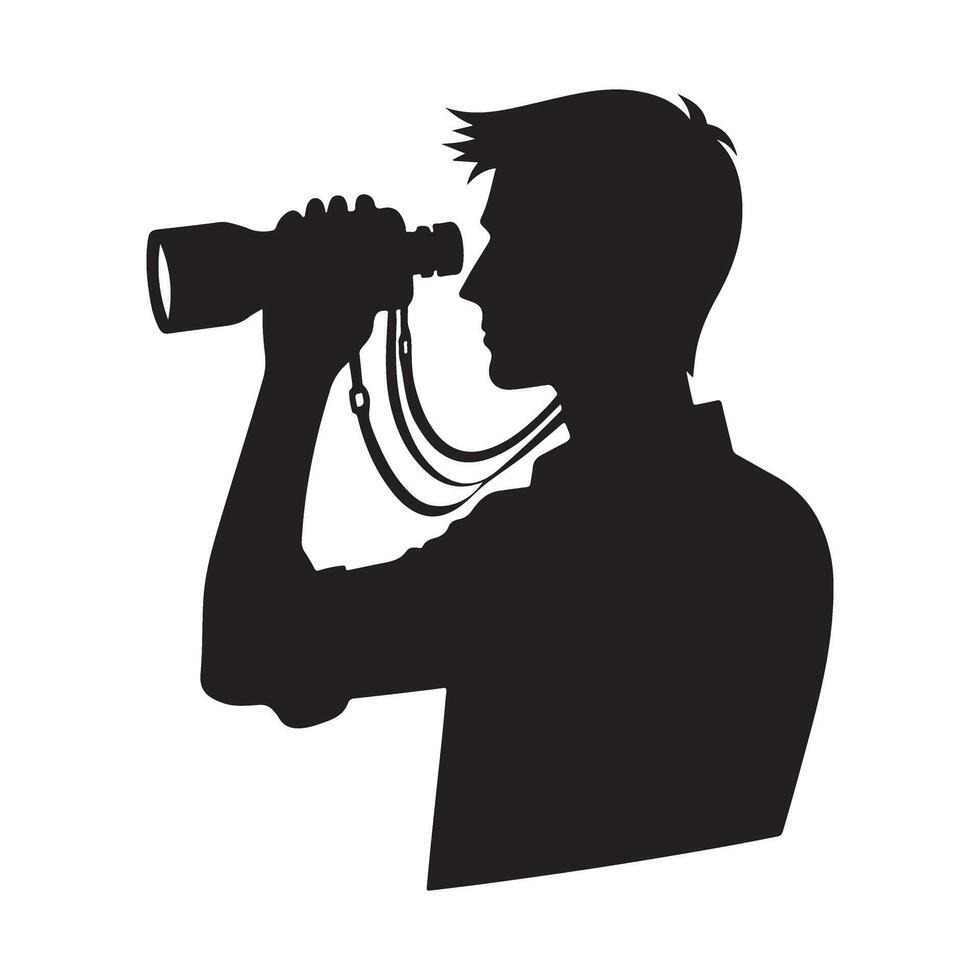 Silhouette Illustration of a Man Looking Through Binoculars for Birdwatching vector