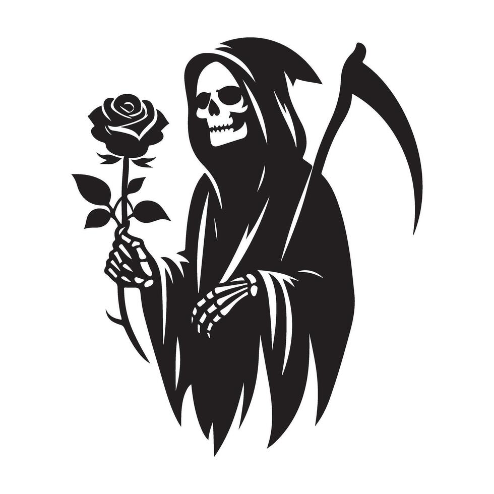 Grim reaper silhouette with rose illustration and design vector