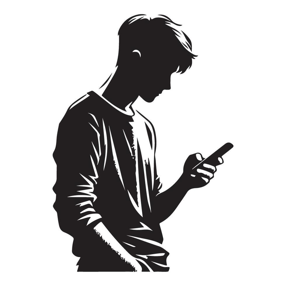 Silhouette Young Man Using Smartphone Art Illustration vector