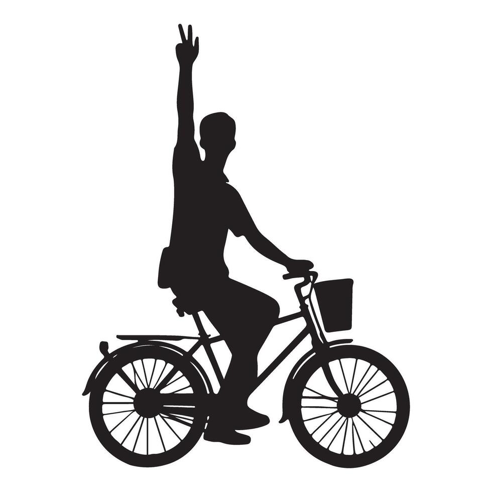 Silhouette of a Joyful Man Riding Bicycle with Peace Sign vector