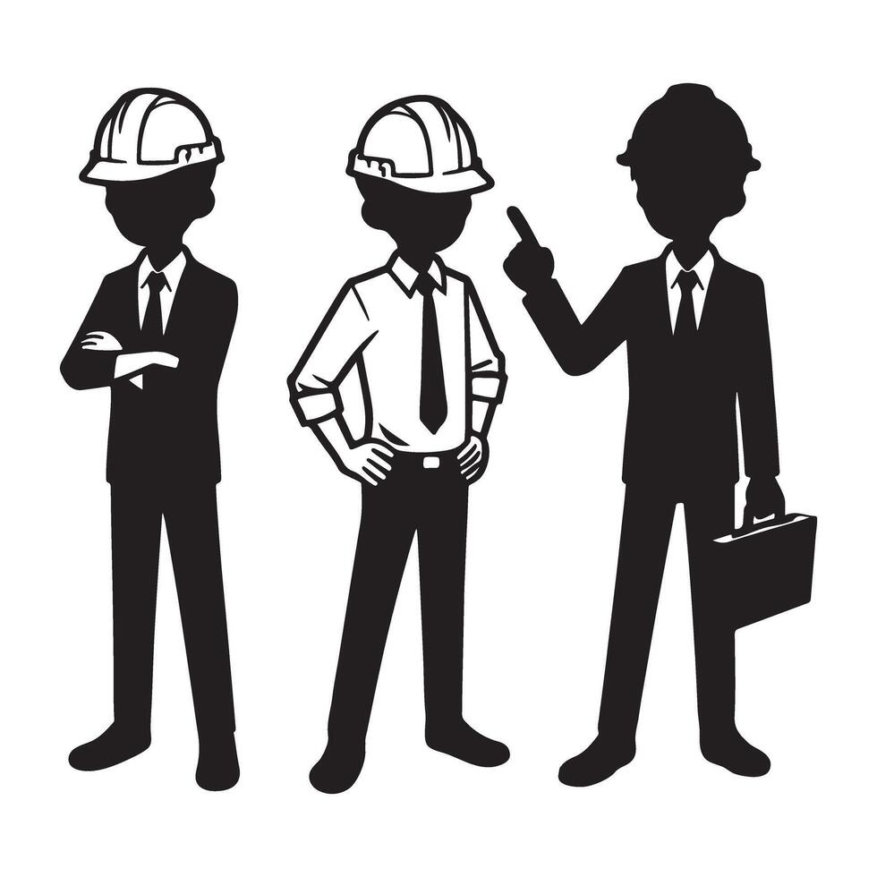 Silhouette of construction engineers in suits and hard hats vector