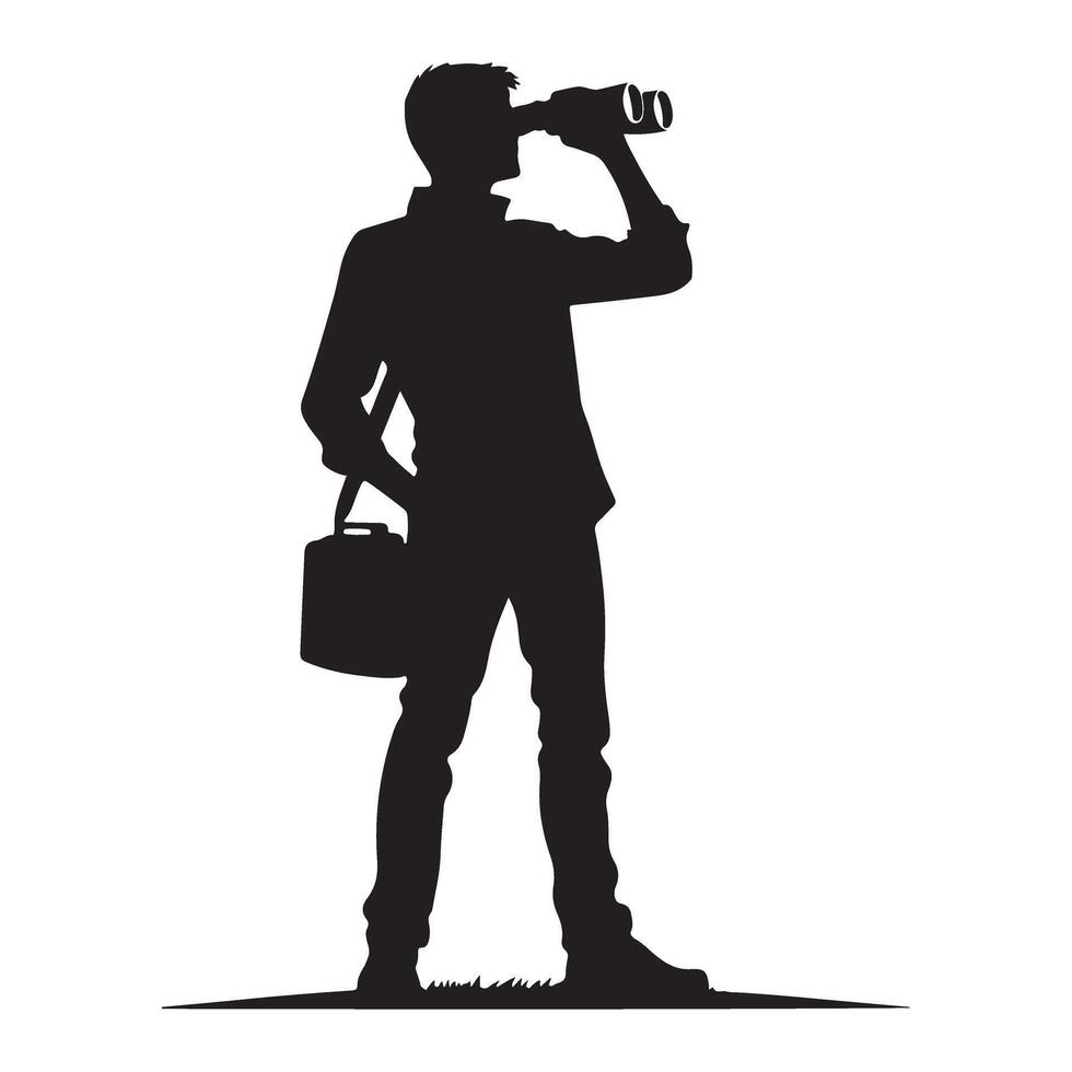 Silhouette of explorer with binoculars watching nature wildlife vector