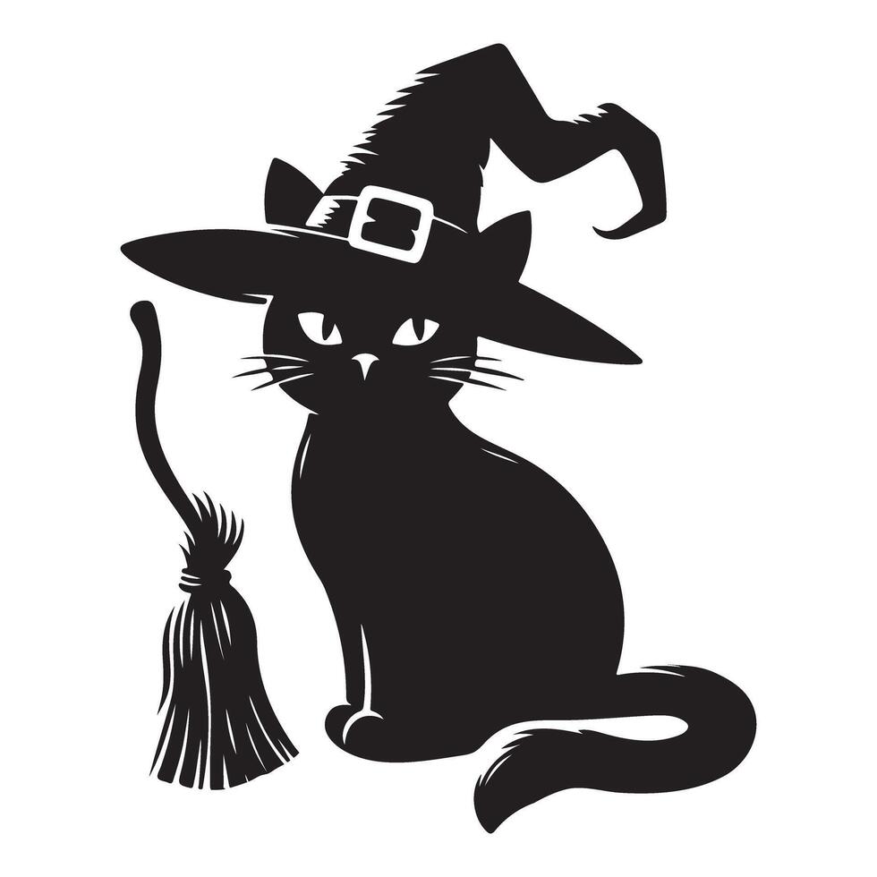 Black Cat Wearing Witch Hat Silhouette Graphic Image vector
