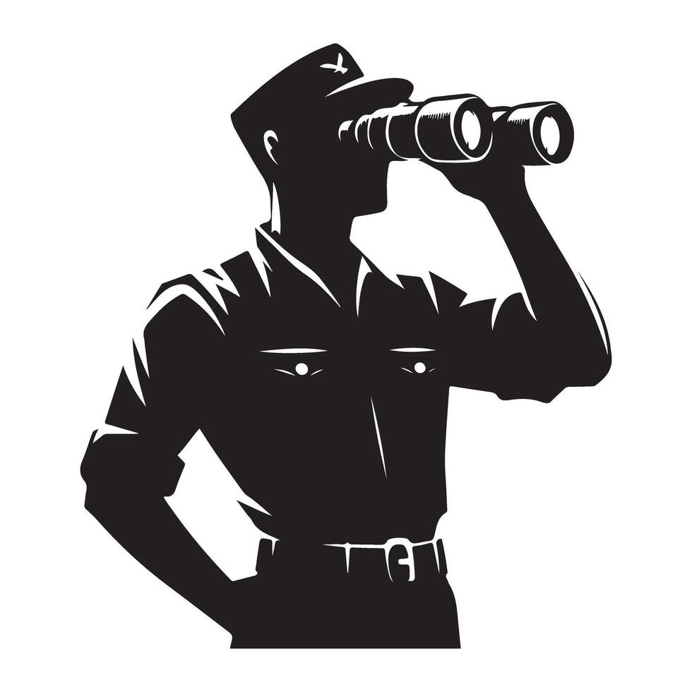 Silhouette Military Officer Using Binoculars Graphic for Surveillance vector
