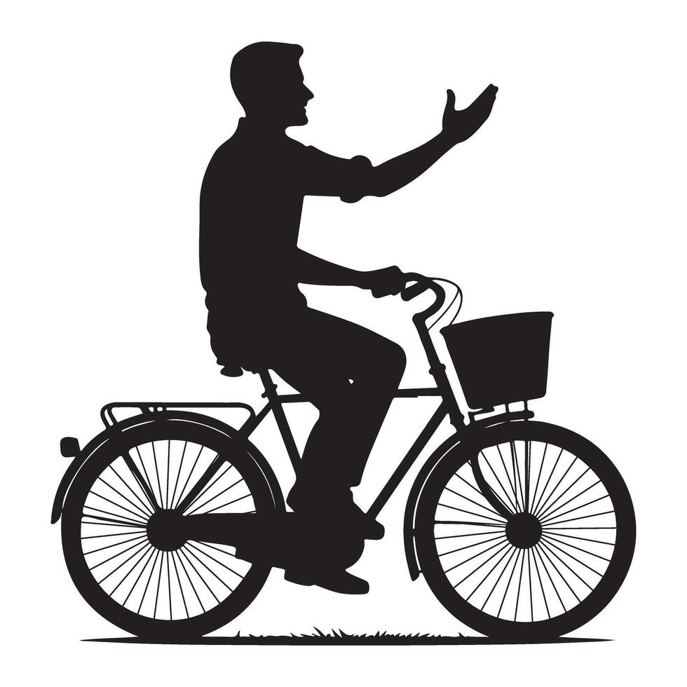 Silhouette Man Riding Bicycle and Waving for Transportation Design vector