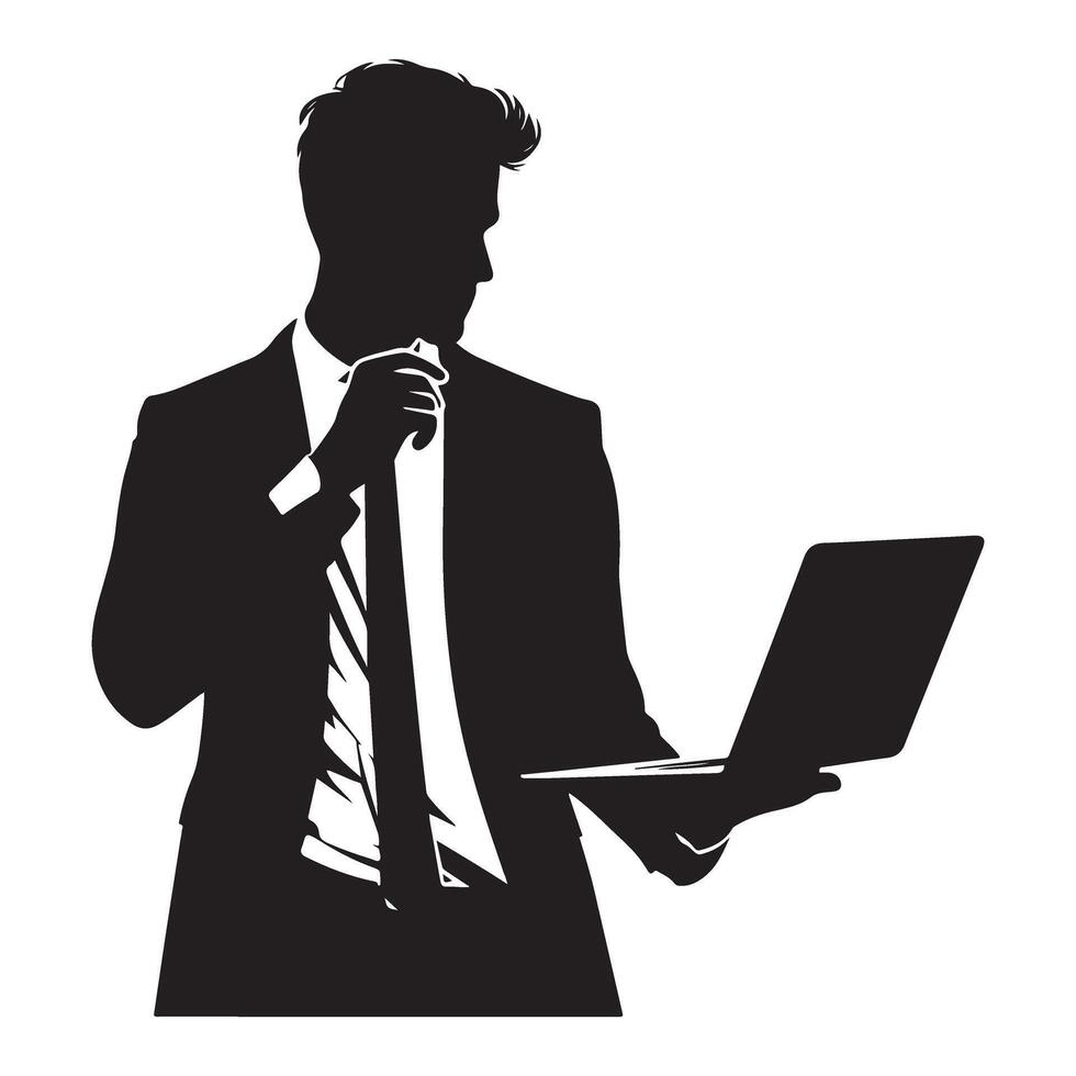 Thinking businessman silhouette with laptop symbolizing strategy and innovation vector