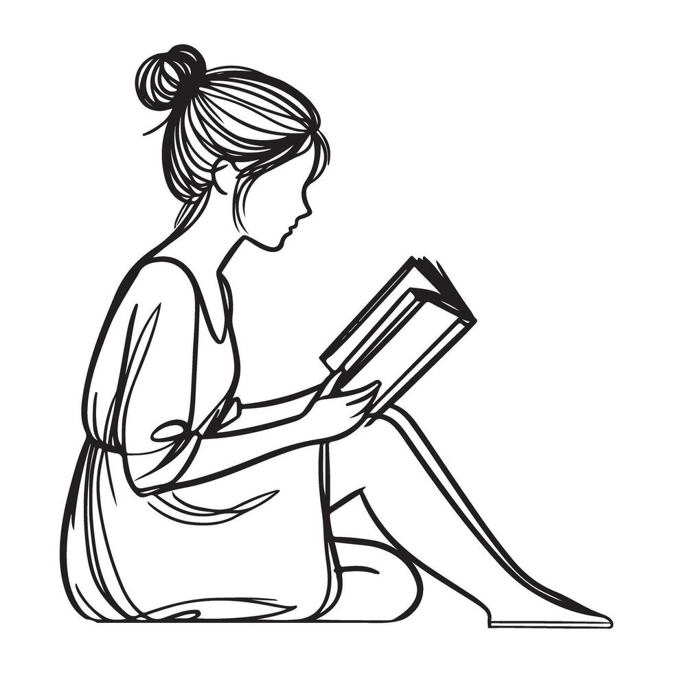 Girl Reading Book Sitting Down Peaceful Moment of Relaxation vector