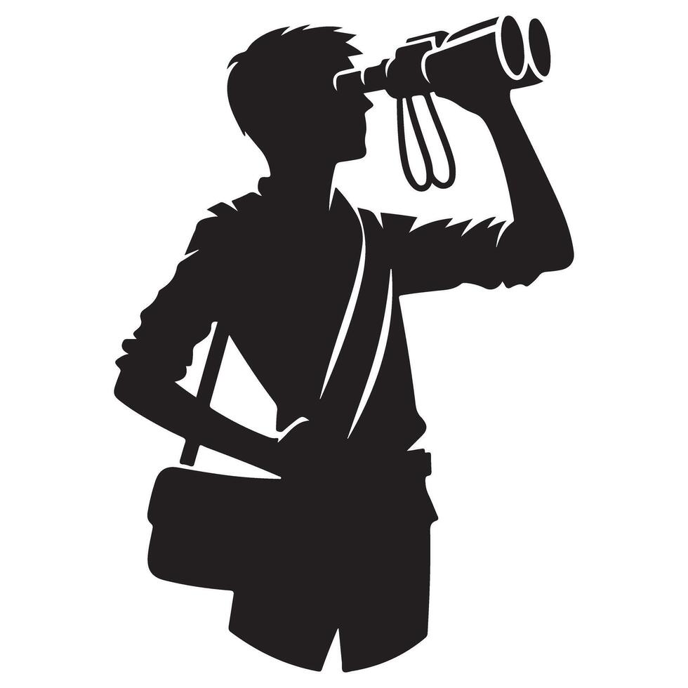 Adventurous Explorer Silhouette Using Binoculars On A Thrilling Discovery vector