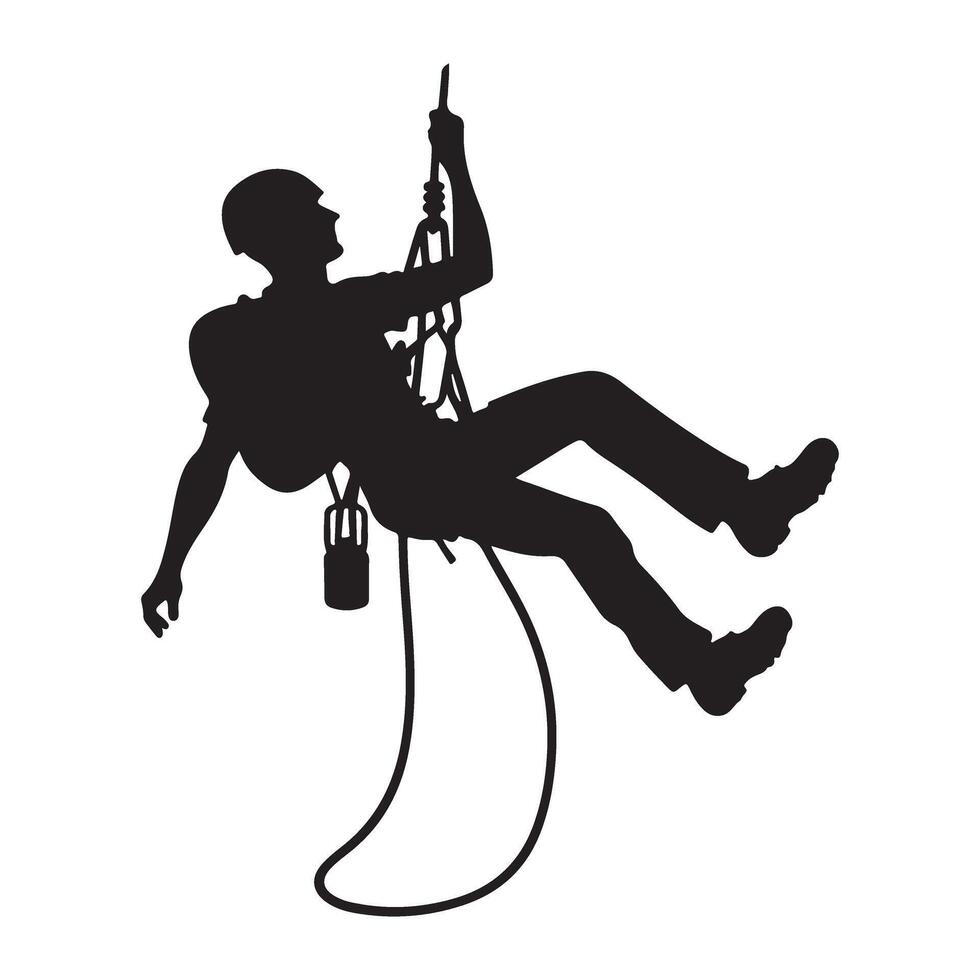 Silhouette man rappelling down mountain extreme sport adventure activity vector
