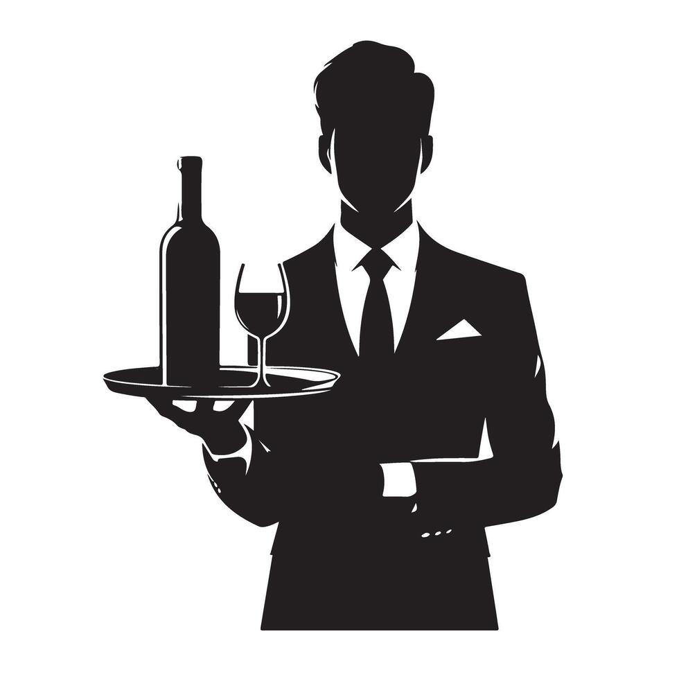 Elegant Waiter Silhouette Holding Wine Bottle and Glass Illustration vector