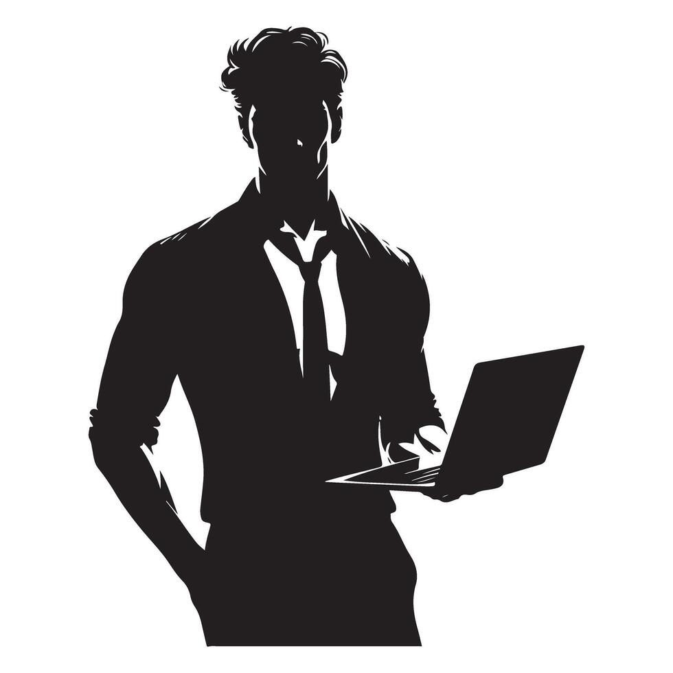 Confident Businessman Silhouette Illustration With Laptop Device vector