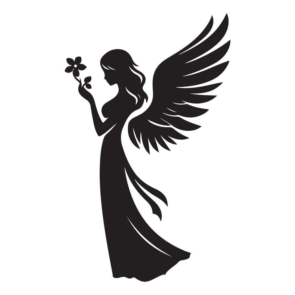 Angel silhouette holding flower illustration graceful design vector