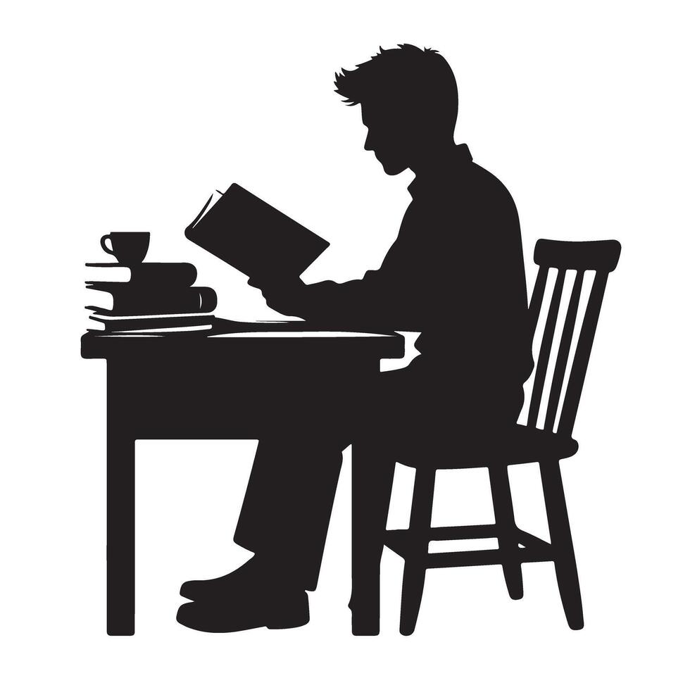 Focused Man Studying Silhouette Reading Book at Desk Illustration Design vector